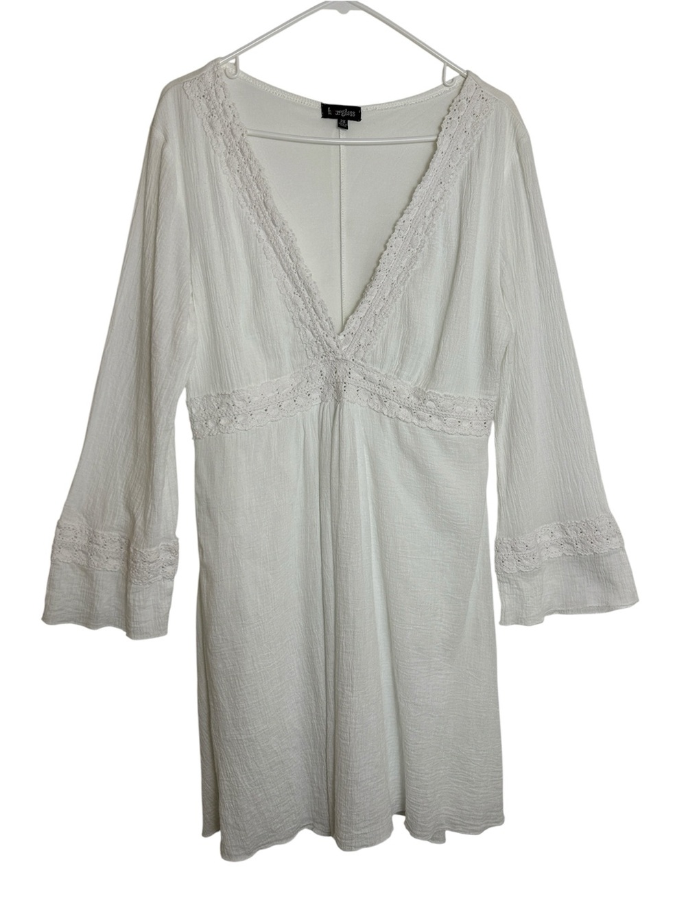 Hourglass White Cotton Gauze Boho Crochet V-Neck Bell Sleeve Dress Size XXL